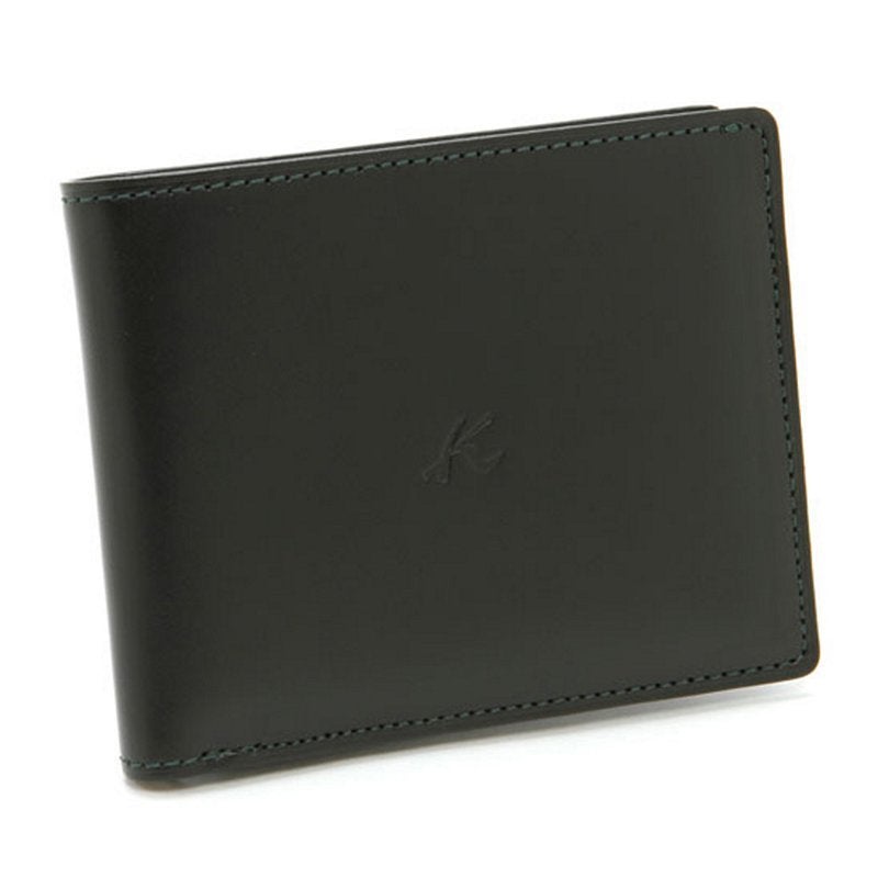 キタムラ メンズ 二折財布（ブラック／ダークグリーンステッチ 