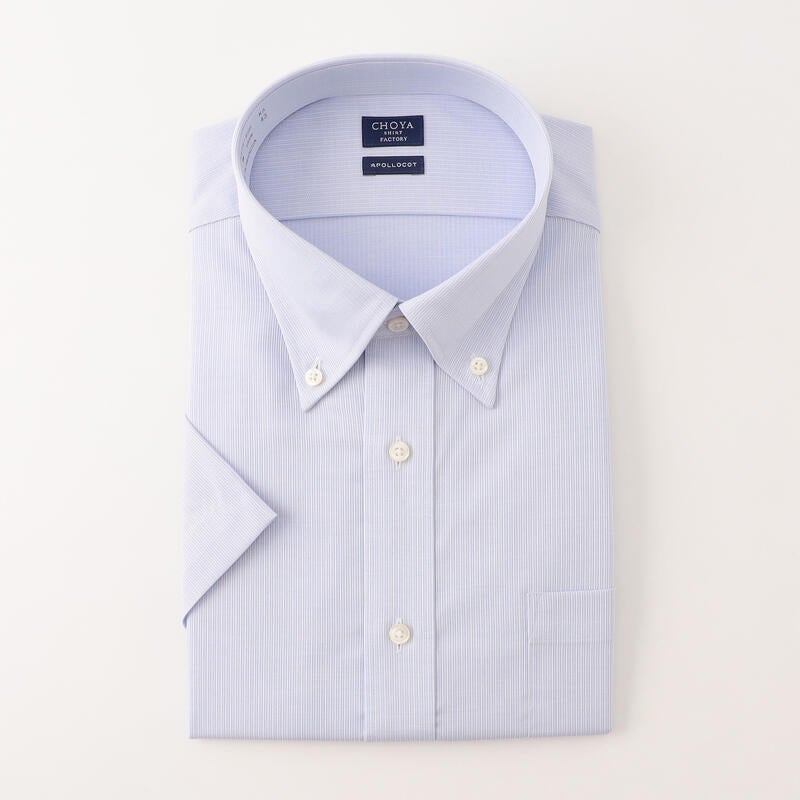 【日清紡アポロコット】綿100％形態安定ストライプ柄半袖ワイシャツ ボタンダウン