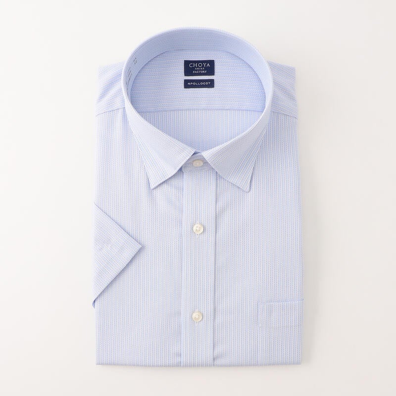 【日清紡アポロコット】綿100％形態安定ストライプ柄半袖ワイシャツ ショートスナップダウン