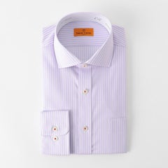 綿100％形態安定 パープル地ドビーストライプ柄長袖ワイシャツ ワイドカラー