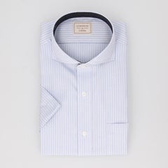 【AIR CLO COOL】綿100％形態安定ドビーストライプ半袖ワイシャツ カッタウェイ カラー