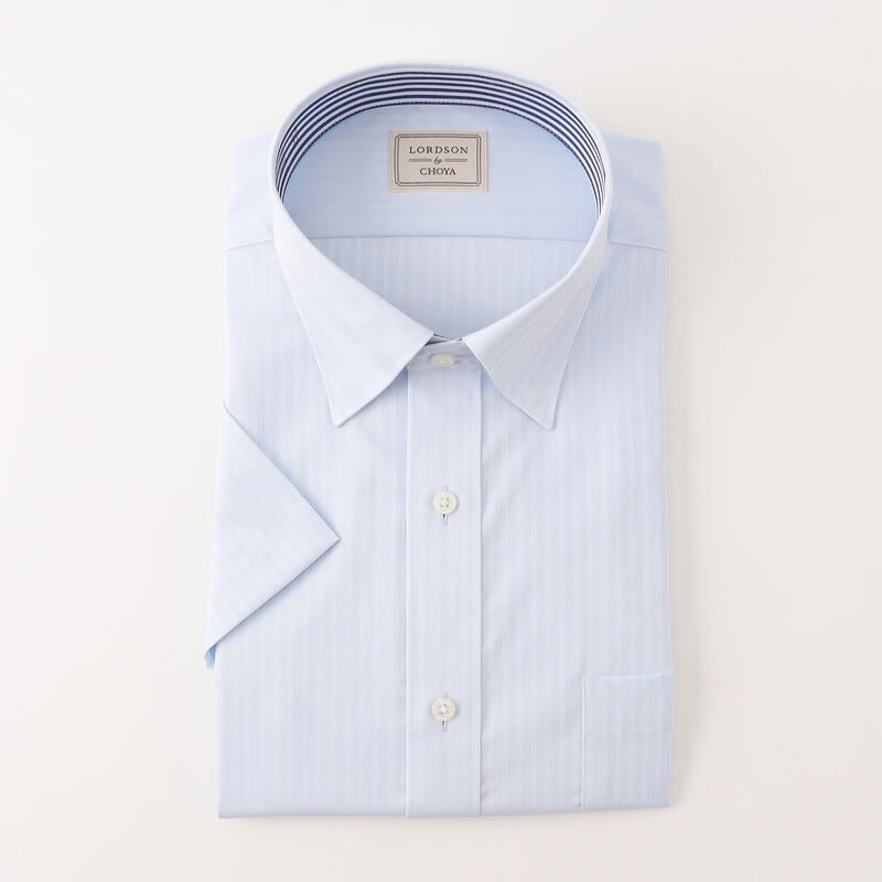 【AIR CLO DRY/吸水速乾】綿100％形態安定シャドーストライプ柄半袖ワイシャツ ショートスナップダウン