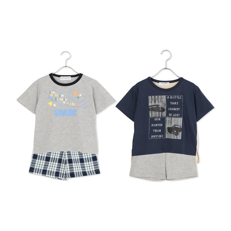 【男児】天竺乗り物PT＋シャークPT　　　　　　　　半袖・ハーフ丈パンツ 　パジャマ2枚セット