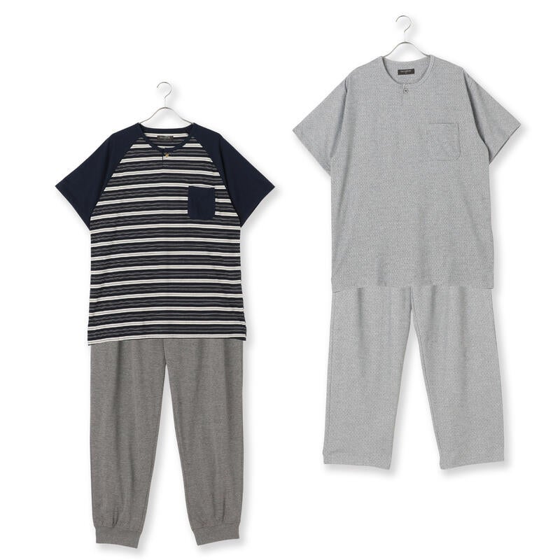 【夏用】紳士夏素材半袖トップス/長パンツ 上下組み2点(楊柳×1・天竺×1)セットお楽しみ袋