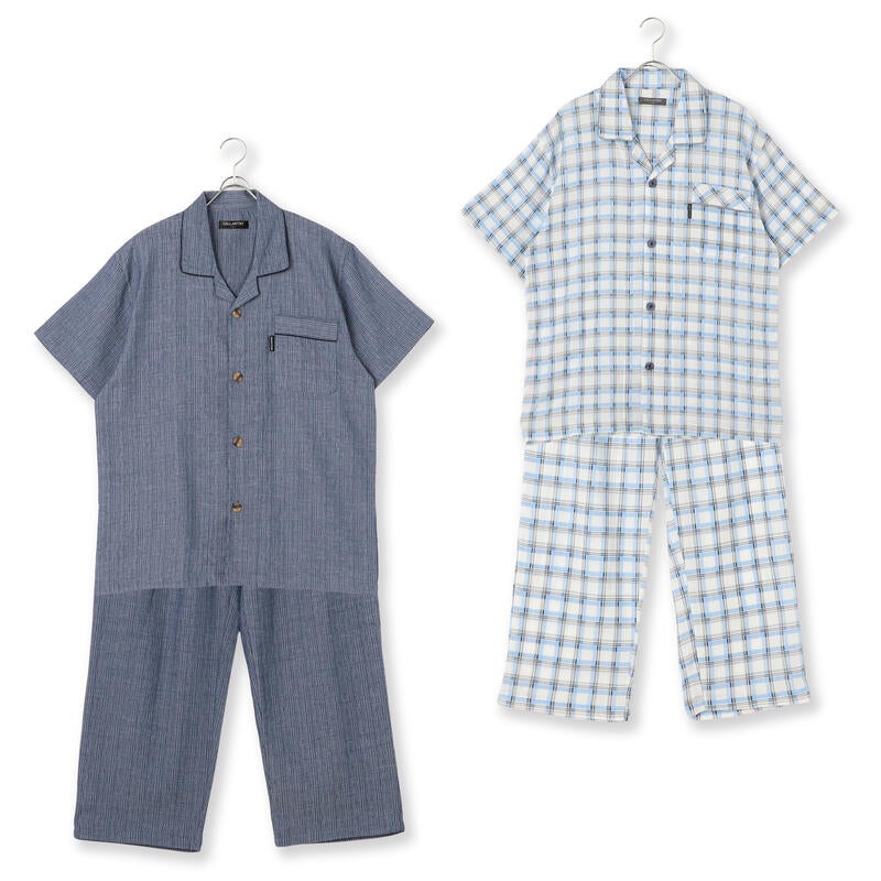 【夏用】紳士夏素材半袖長パンツテーラードパジャマ 上下組み2点(ナイアガラ×1・楊柳×1)セットお楽しみ袋