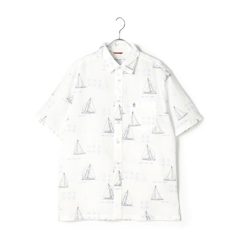 【Blue Line】JAPAN FABRIC/リップルヨットプリント半袖シャツ 04538