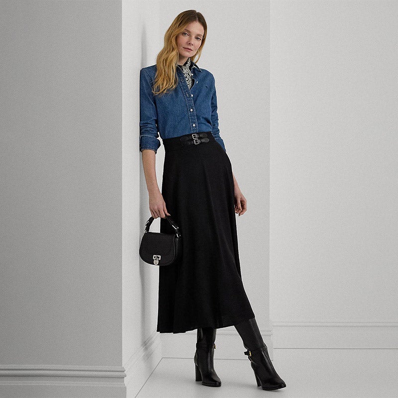 良品　ポロラルフローレン　レディース　エンブロイダードシルクミディスカート　Ｍ黒 LAUREN RALPH LAUREN バックルトリム ツイル ミディ スカート