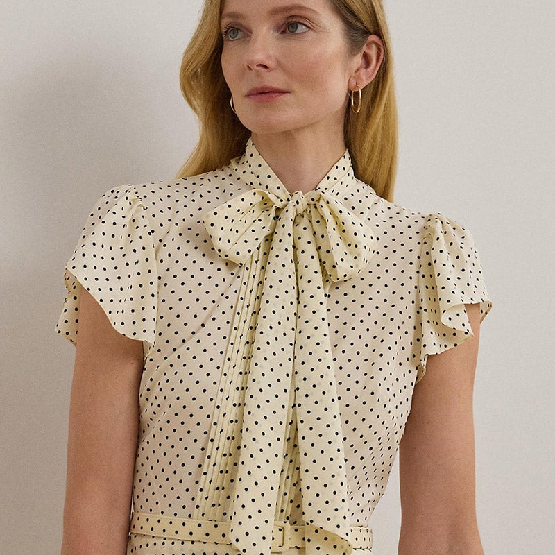 【RALPH LAUREN】ツートン クレープ ノースリーブガウン ドレス LAUREN RALPH LAUREN ポルカドット ベルテッド クレープ