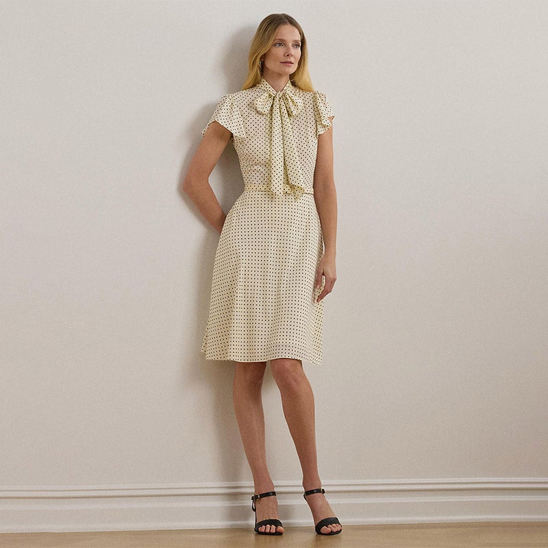 【LAUREN RALPH LAUREN】ベルト付きカクテルドレス ※送関込 LAUREN RALPH LAUREN ポルカドット ベルテッド クレープ