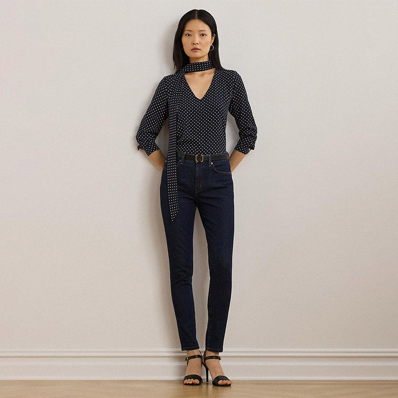激安! Ralph Lauren ベルト付きケ_プクレープジョーゼットガウン LAUREN RALPH LAUREN ポルカドット ジョーゼット タイネック