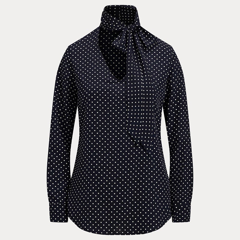 タイムセールLauren Ralph Lauren 黒棒リボン　ジョーゼットS ツートーン ジョーゼット タイネック ブラウス