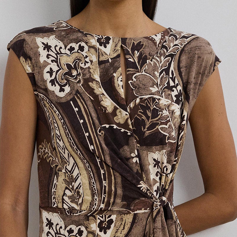 【日本製】ラルフローレン　ストレッチホルターネックドレス　ペイズリー　ベロア素材 LAUREN RALPH LAUREN ペイズリー ストレッチ ジャージー タイ