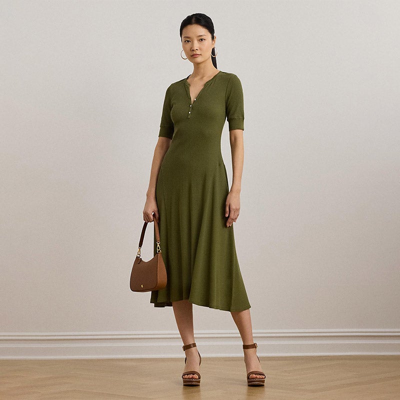 LAUREN RALPH LAURENノースリーブドレス 椰子の葉モチーフビーズ RALPH LAUREN｜フローラル サープリス ストレッチ ジャージー
