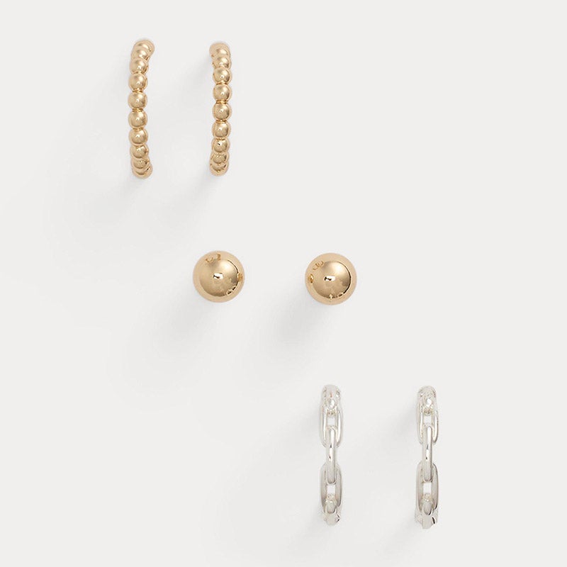 ツートーン リンク & ビーデッド ピアス セット