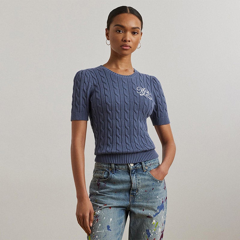ケーブルニット コットン ショートスリーブ セーター　ブルー ラルフローレン LAUREN RALPH LAUREN ケーブルニット コットン ショートスリーブ