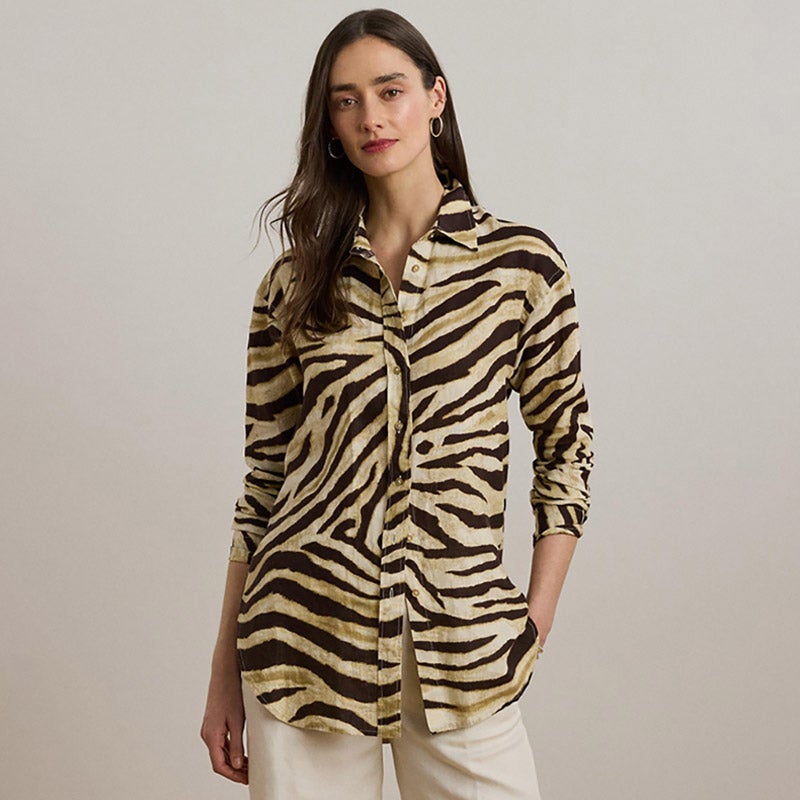 ローレン ラルフ ローレン LAUREN RALPH LAUREN ストライプ リネン ロールタブスリーブ シャツドレス （600レッド） LAUREN RALPH LAUREN ストライプ リネン ロールタブスリーブ