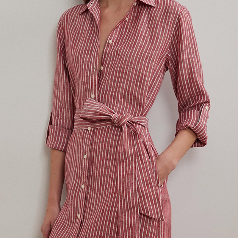 LAUREN RALPH LAUREN ストライプ リネン ロールタブスリーブ