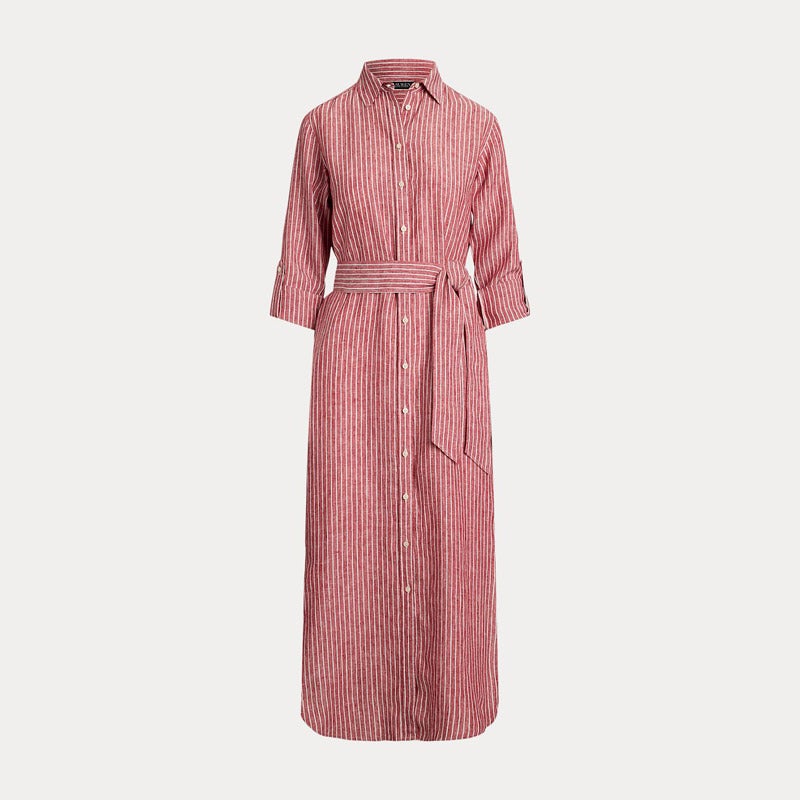 ローレン ラルフ ローレン LAUREN RALPH LAUREN ストライプ リネン ロールタブスリーブ シャツドレス （600レッド） LAUREN RALPH LAUREN ストライプ リネン ロールタブスリーブ