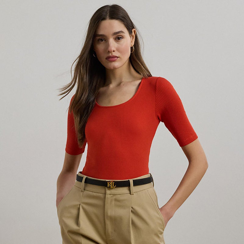 リブニット コットンブレンド エルボースリーブ Tシャツ