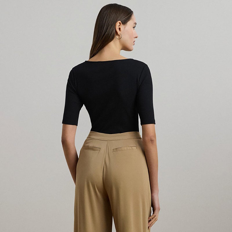 ローレン ラルフ ローレン LAUREN RALPH LAUREN リブニット コットンブレンド エルボースリーブ Tシャツ （001ブラック） LAUREN RALPH LAUREN リブニット コットンブレンド エルボー