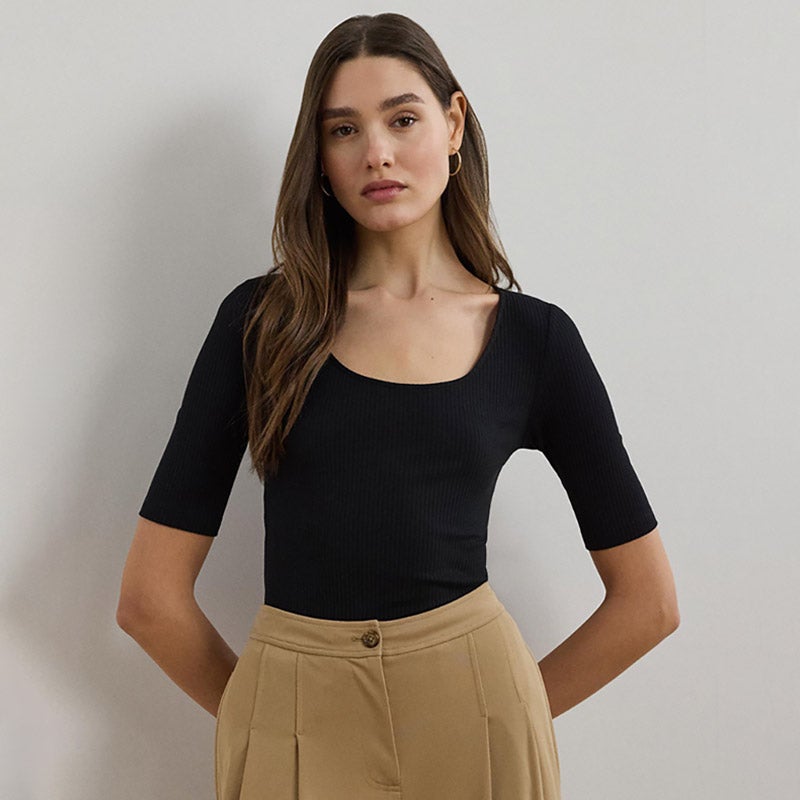 リブニット コットンブレンド エルボースリーブ Tシャツ