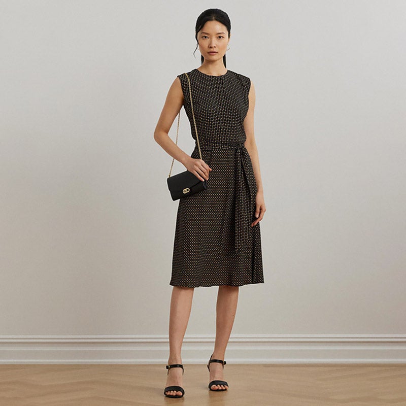 上品!【RALPH LAUREN】クレープ オフショルダー カクテルドレス LAUREN RALPH LAUREN ジオプリント ベルテッド バブル クレープ