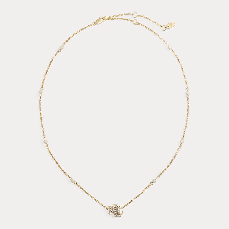 【デイリーに使える】Ralph Lauren パールロゴネックレス LAUREN RALPH LAUREN パヴェ ロゴ & フェイクパール ペンダント