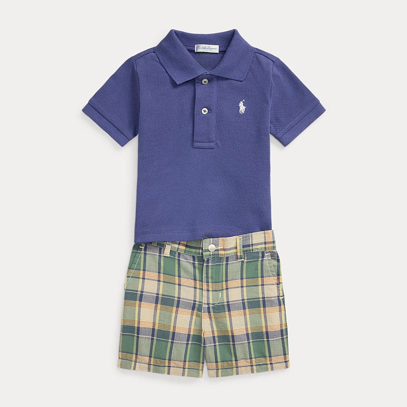 Polo Ralph Lauren ブラック ポロシャツとショートパンツセット RALPH LAUREN BABY コットン ポロシャツ & マドラス ショート