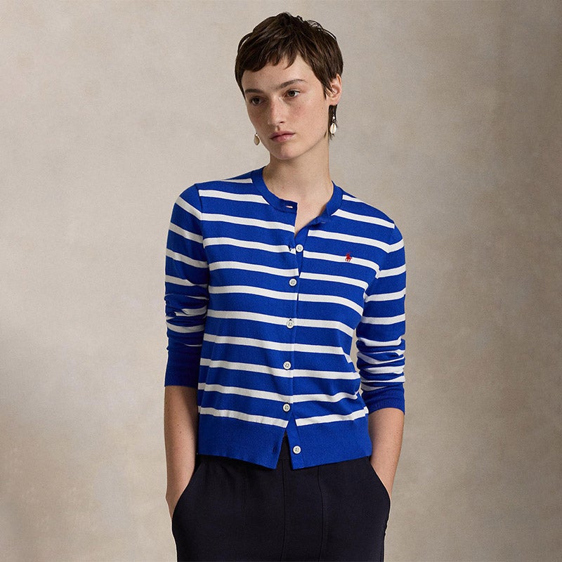 現行品 POLO RALPH LAUREN カーディガン ストライプ ブ ブルー POLO RALPH LAUREN(ウィメンズ) ストライプド コットン