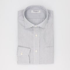 綿100％ストライプ柄長袖ワイシャツ セミワイドカラー