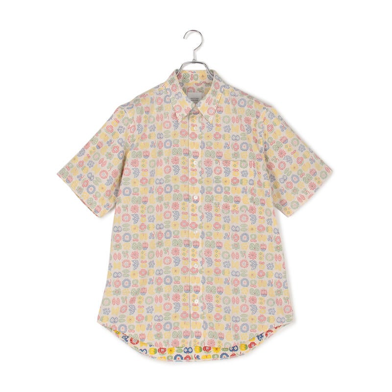 【日本製】綿100％小花幾何柄半袖ボタンダウンシャツ