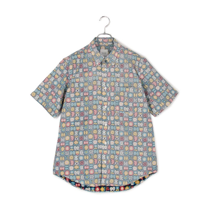 【日本製】綿100％小花幾何柄半袖ボタンダウンシャツ