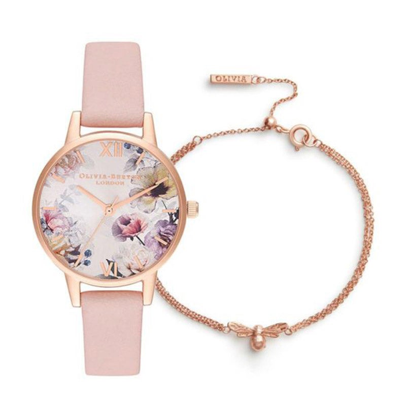 OLIVIA BURTON（オリビアバートン）／【ギフトセット】サンライトフローラル-ミディ ダスティピンクブラッシュ サンレイ ローズゴールド&ラッキービー-チェーンブレスレットローズゴールド