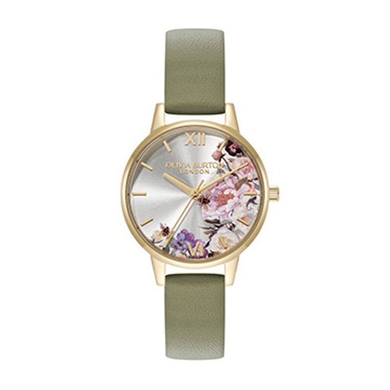 シグネチャー - 30mm イラストレイテッド フローラル ゴールド & セージグリーン レザーストラップ ウォッチ