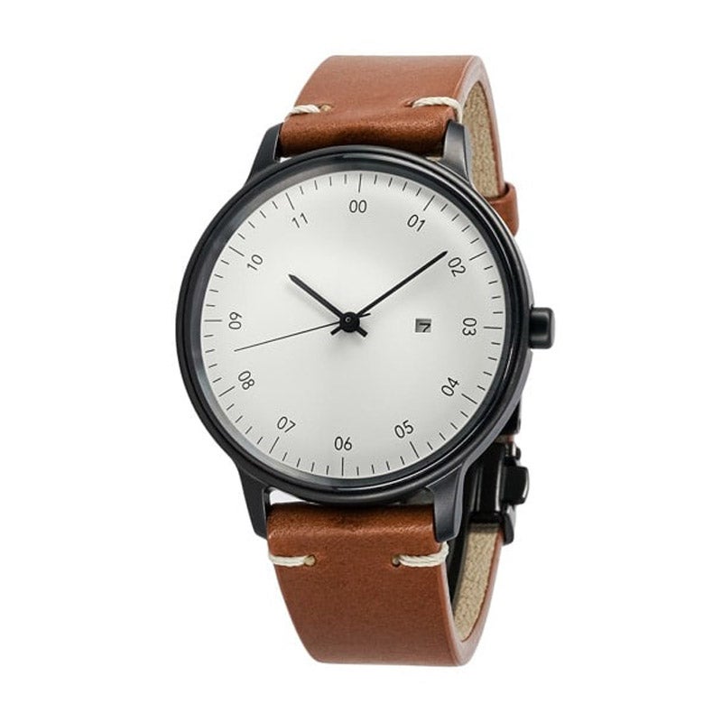 SK01/SS BLACK HONING FINISH/WHITE DIAL/BLACK D BUCKLE LIGHT BROWN BUTTERO LEATHER