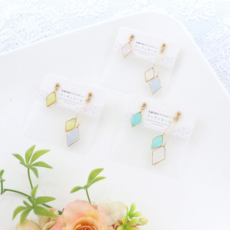 美濃和紙のイヤリング/ピアス・ひし形アシメ｜マッチュルーム