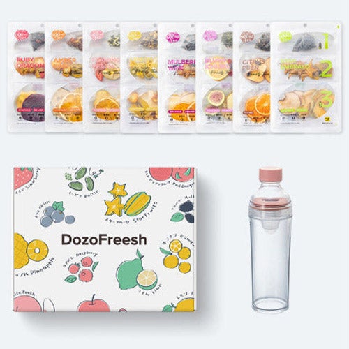 DozoFreesh Gift Set （Smoky Pink Bottle） 全種8袋とHARIOのフィルターインボトルのプレゼントBOXセット｜