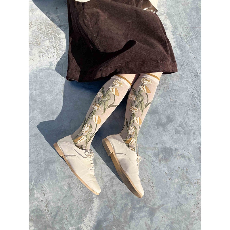 【SALE】タイツのように履けるHigh socks（チューリップ柄）｜petit pas（プティパ）