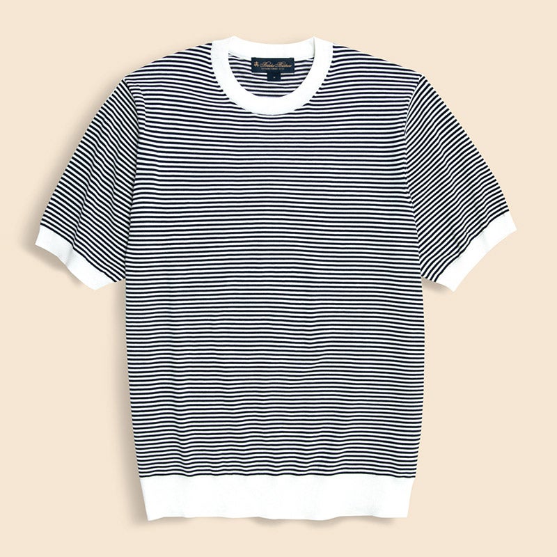 コットン/シルク ストライプ クルーネック ショートスリーブセーター
