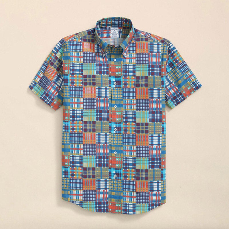 コットンポプリン マドラスパッチワークプリント ショートスリーブスポーツシャツ Regular Fit