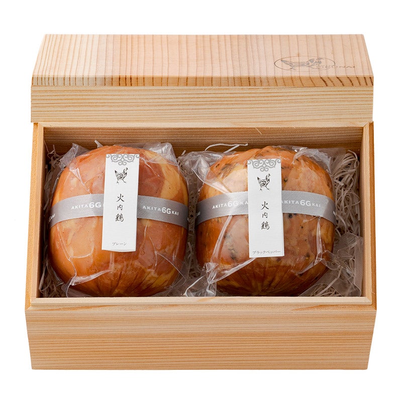 比内地鶏≪火内鶏≫ ブロックハム2種　杉箱入